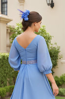 Load image into Gallery viewer, Dusty Blue Chiffon A Line V-Neck Long Wedding Guest Dress with Beading