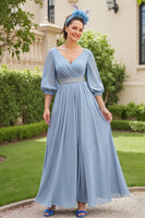 Load image into Gallery viewer, Dusty Blue Chiffon A Line V-Neck Long Wedding Guest Dress with Beading