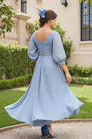 Load image into Gallery viewer, Dusty Blue Chiffon A Line V-Neck Long Wedding Guest Dress with Beading