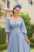 Load image into Gallery viewer, Dusty Blue Chiffon A Line V-Neck Long Wedding Guest Dress with Beading
