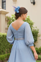 Load image into Gallery viewer, Dusty Blue Chiffon A Line V-Neck Long Wedding Guest Dress with Beading