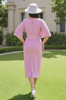 Load image into Gallery viewer, Candy Pink Sheath V-Neck Ruched Midi Wedding Guest Dress with Sleeves
