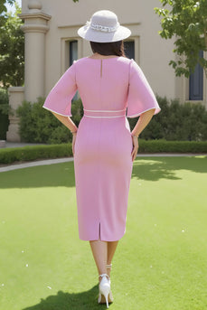 Candy Pink Sheath V-Neck Ruched Midi Wedding Guest Dress with Sleeves