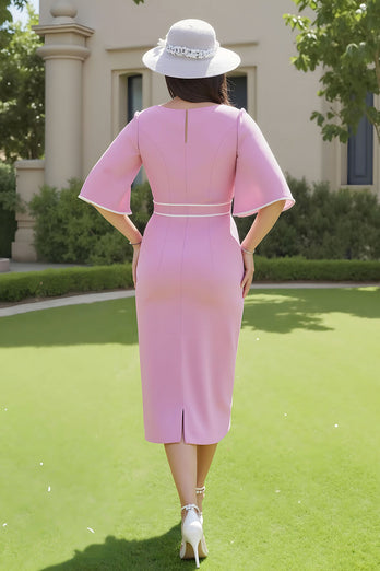 Candy Pink Sheath V-Neck Ruched Midi Wedding Guest Dress with Sleeves