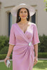 Load image into Gallery viewer, Candy Pink Sheath V-Neck Ruched Midi Wedding Guest Dress with Sleeves