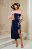 Load image into Gallery viewer, Navy Sheath Satin Appliqued Midi Wedding Guest Dress with Slit