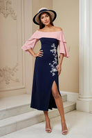 Load image into Gallery viewer, Navy Sheath Satin Appliqued Midi Wedding Guest Dress with Slit