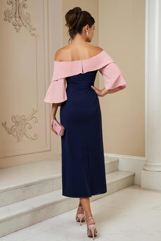 Navy Sheath Satin Appliqued Midi Wedding Guest Dress with Slit