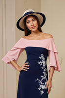 Load image into Gallery viewer, Navy Sheath Satin Appliqued Midi Wedding Guest Dress with Slit