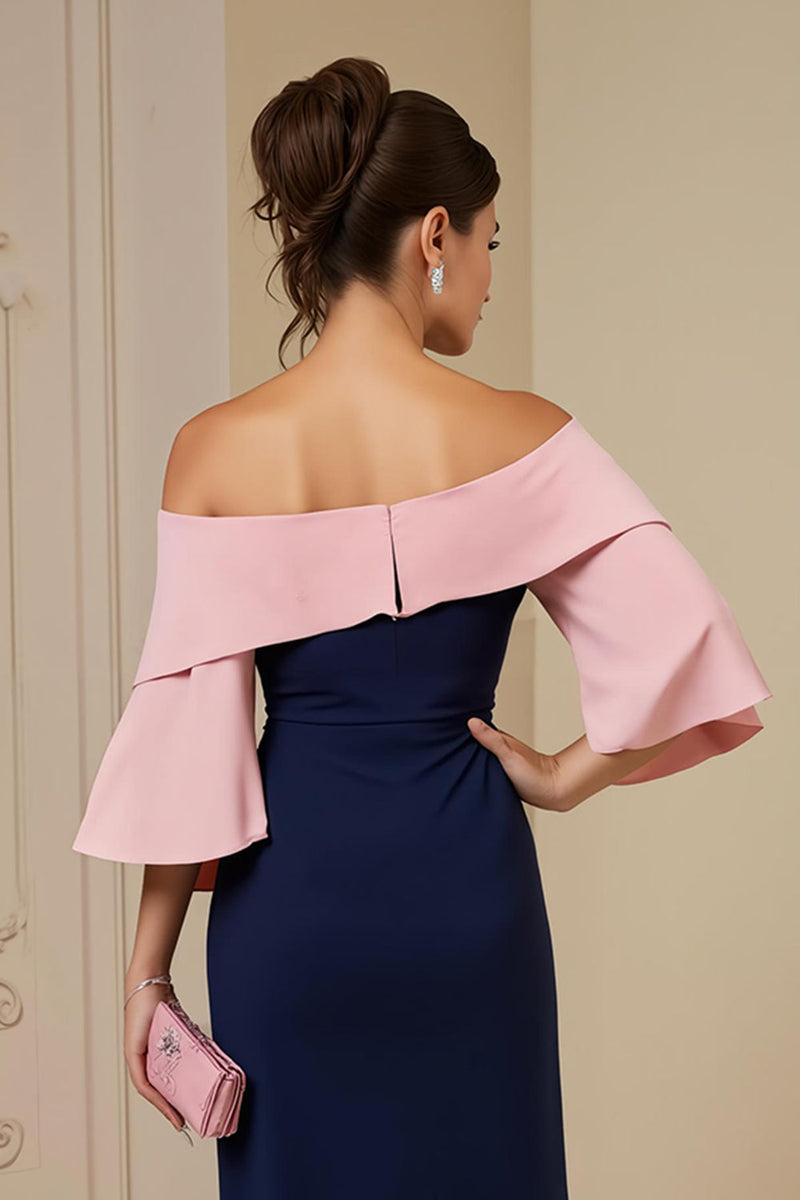 Load image into Gallery viewer, Navy Sheath Satin Appliqued Midi Wedding Guest Dress with Slit