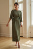 Load image into Gallery viewer, Olive Sheath Chiffon Boat Neck Long Wedding Guest Dress with Feathers