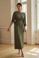 Load image into Gallery viewer, Olive Sheath Chiffon Boat Neck Long Wedding Guest Dress with Feathers