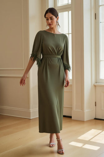 Olive Sheath Chiffon Boat Neck Long Wedding Guest Dress with Feathers