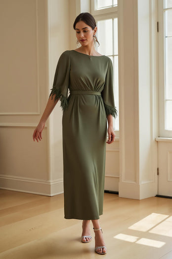 Olive Sheath Chiffon Boat Neck Long Wedding Guest Dress with Feathers