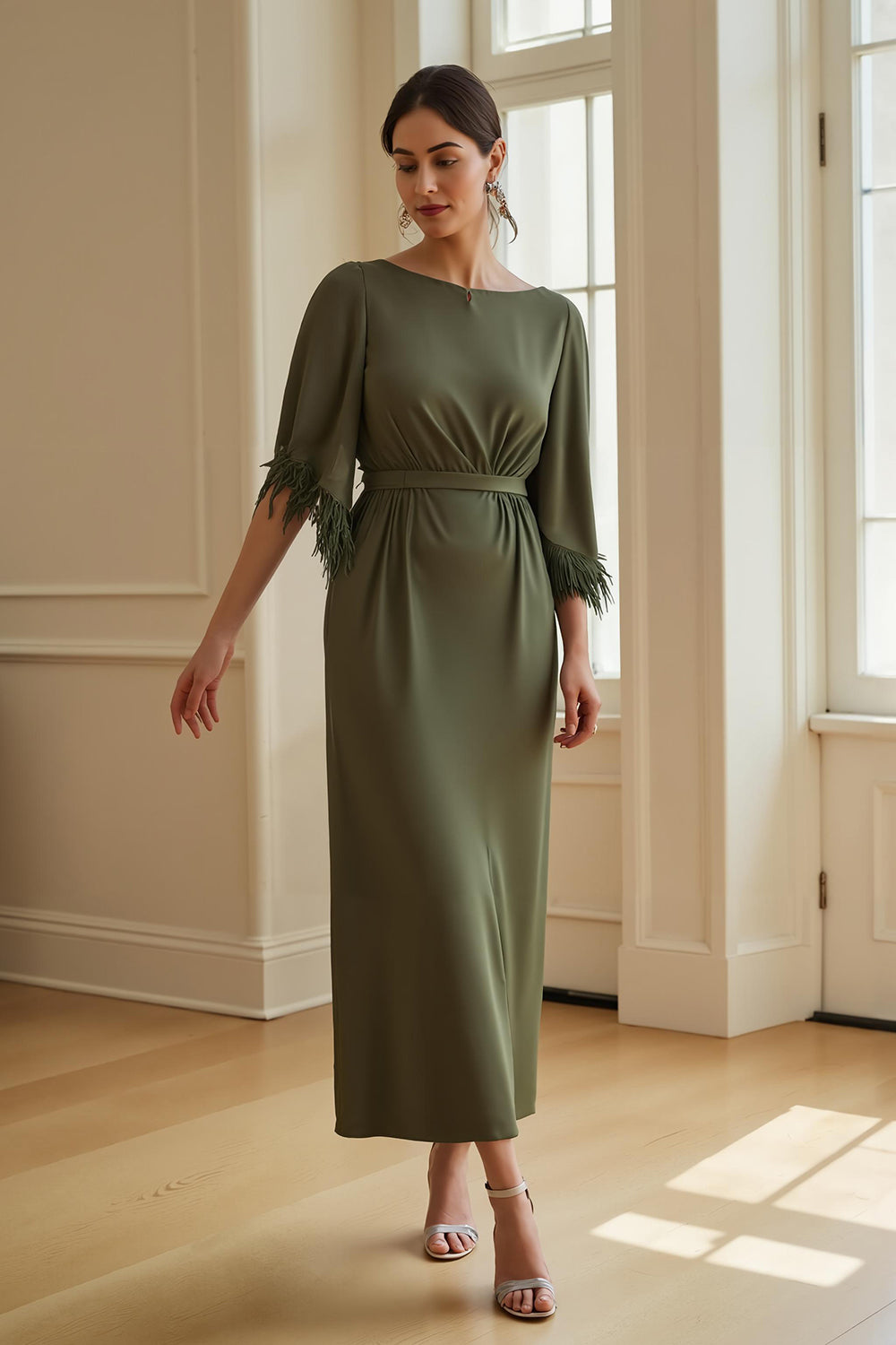 Olive Sheath Chiffon Boat Neck Long Wedding Guest Dress with Feathers