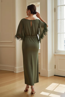 Olive Sheath Chiffon Boat Neck Long Wedding Guest Dress with Feathers
