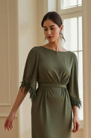 Load image into Gallery viewer, Olive Sheath Chiffon Boat Neck Long Wedding Guest Dress with Feathers