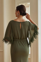 Load image into Gallery viewer, Olive Sheath Chiffon Boat Neck Long Wedding Guest Dress with Feathers