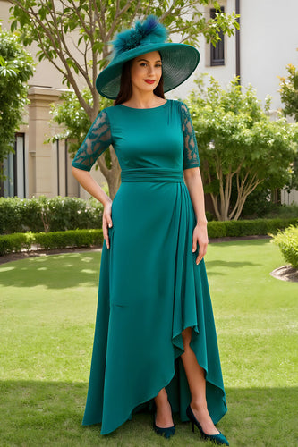 Pine Chiffon Sheath Boat Neck Long Wedding Guest Dress with Lace
