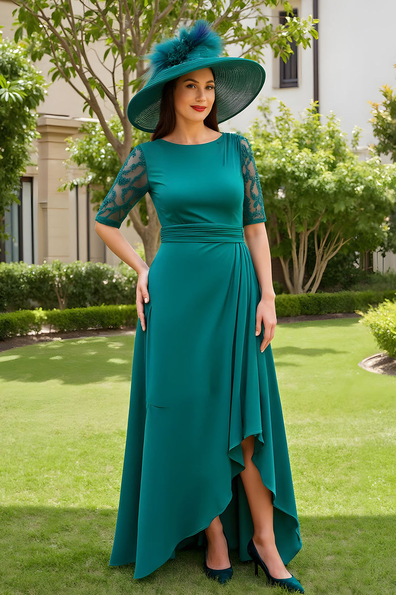 Load image into Gallery viewer, Pine Chiffon Sheath Boat Neck Long Wedding Guest Dress with Lace