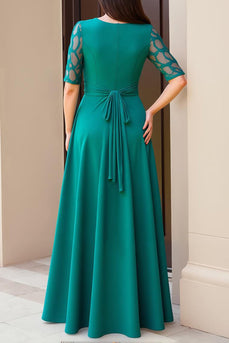 Pine Chiffon Sheath Boat Neck Long Wedding Guest Dress with Lace