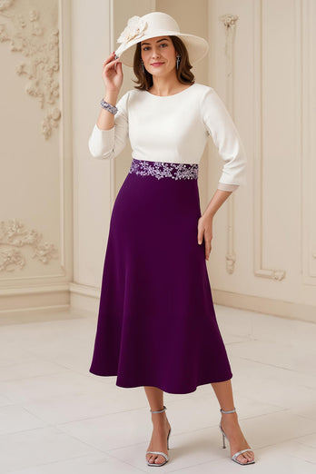 Navy A Line Chiffon Boat Neck Midi Wedding Guest Dress with Appliques