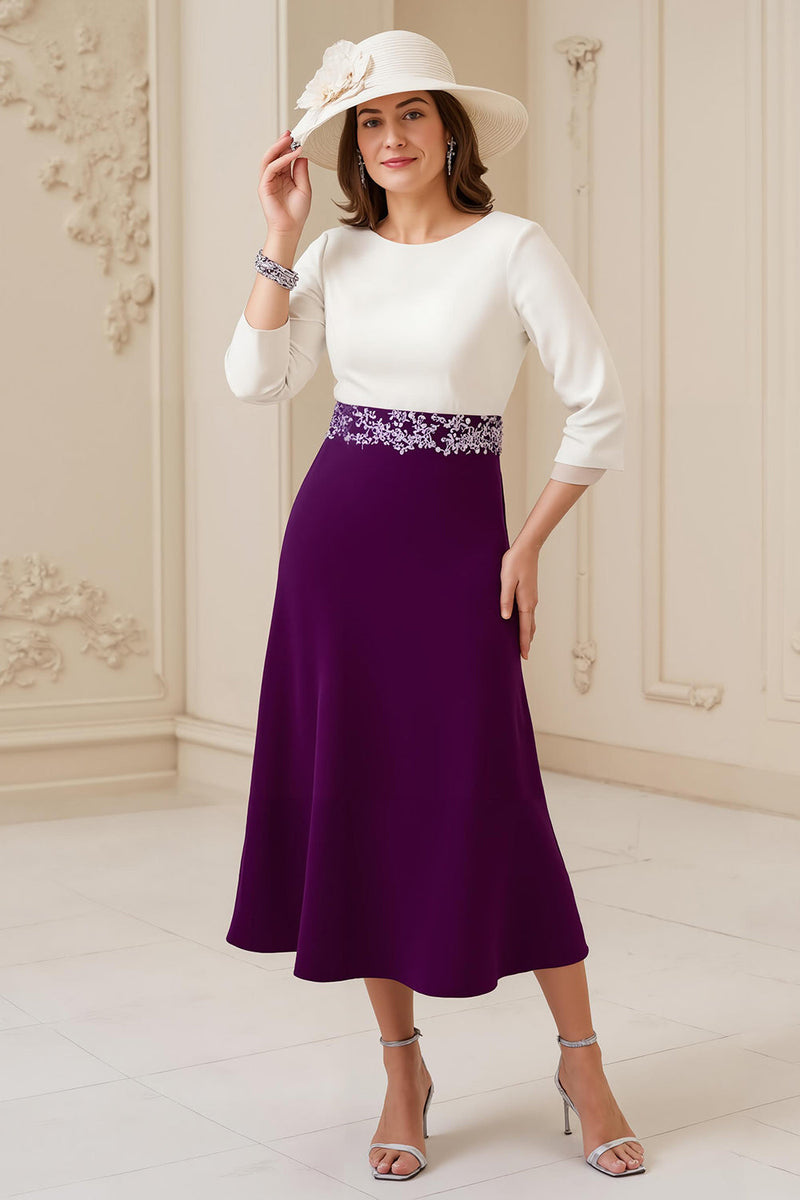 boat neck dress for wedding guest Queendancer Women Navy Chiffon Midi Wedding Guest Dress with Appliques A Line Boat Neck Mother of the Bride Dress with Sleeves – queendancer