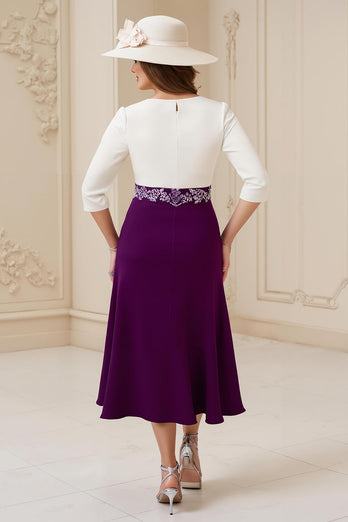 Navy A Line Chiffon Boat Neck Midi Wedding Guest Dress with Appliques
