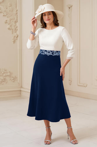 Navy A Line Chiffon Boat Neck Midi Wedding Guest Dress with Appliques