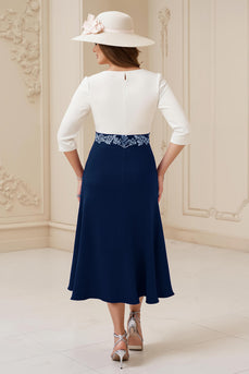 Navy A Line Chiffon Boat Neck Midi Wedding Guest Dress with Appliques