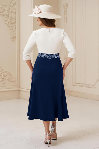 Navy A Line Chiffon Boat Neck Midi Wedding Guest Dress with Appliques