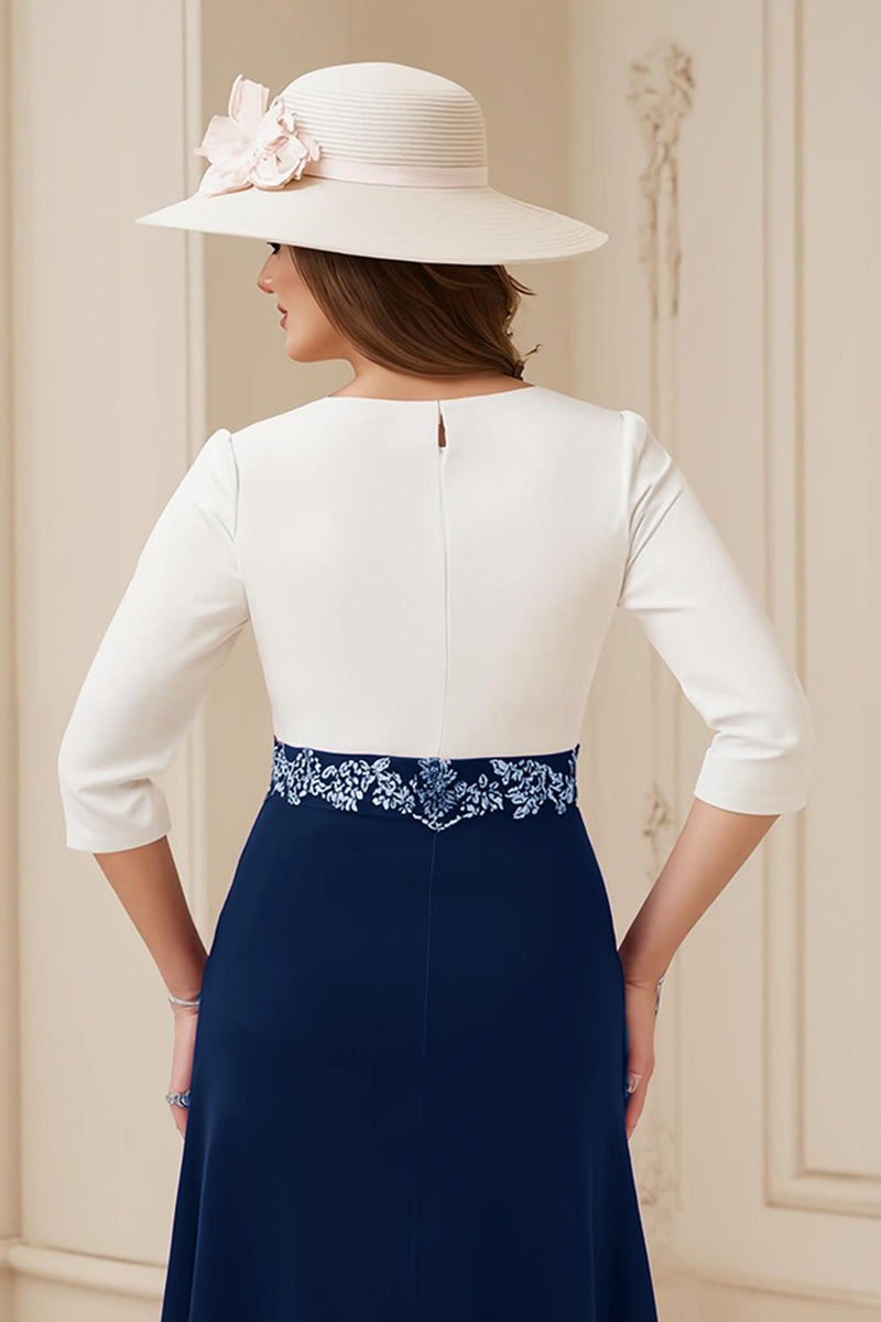 boat neck wedding guest dress Queendancer Women Navy Chiffon Midi Wedding Guest Dress with Appliques A Line Boat Neck Mother of the Bride Dress with Sleeves – queendancer
