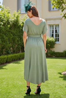 Eucalyptus Sheath Chiffon Boat Neck Long Wedding Guest Dress with Sleeves