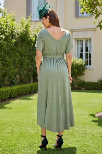 Eucalyptus Sheath Chiffon Boat Neck Long Wedding Guest Dress with Sleeves
