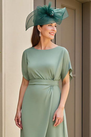 Eucalyptus Sheath Chiffon Boat Neck Long Wedding Guest Dress with Sleeves