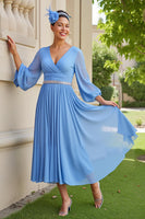Load image into Gallery viewer, Light Blue Chiffon A Line Pleated Long Wedding Guest Dress with Beading