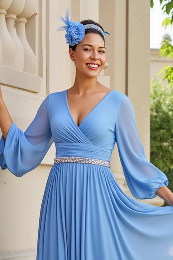 Light Blue Chiffon A Line Pleated Long Wedding Guest Dress with Beading