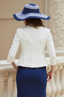 Load image into Gallery viewer, 2 Piece Navy Satin Sheath Midi Wedding Guest Dress with Lace