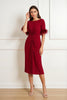 Load image into Gallery viewer, Dark Red Satin Boat Neck Ruched Midi Wedding Guest Dress with Feathers