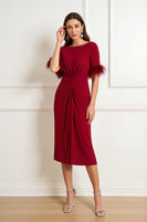 Load image into Gallery viewer, Dark Red Satin Boat Neck Ruched Midi Wedding Guest Dress with Feathers
