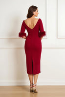 Load image into Gallery viewer, Dark Red Satin Boat Neck Ruched Midi Wedding Guest Dress with Feathers