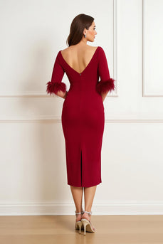 Dark Red Satin Boat Neck Ruched Midi Wedding Guest Dress with Feathers