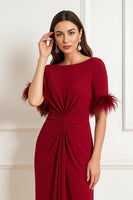Load image into Gallery viewer, Dark Red Satin Boat Neck Ruched Midi Wedding Guest Dress with Feathers
