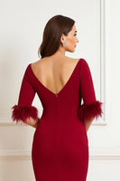 Load image into Gallery viewer, Dark Red Satin Boat Neck Ruched Midi Wedding Guest Dress with Feathers