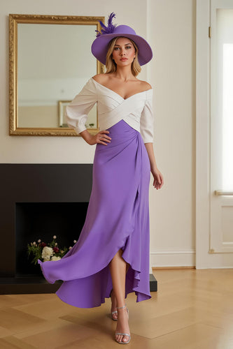 Purple Chiffon Sheath Off The Shoulder Asymmetrical Wedding Guest Dress with Sleeves
