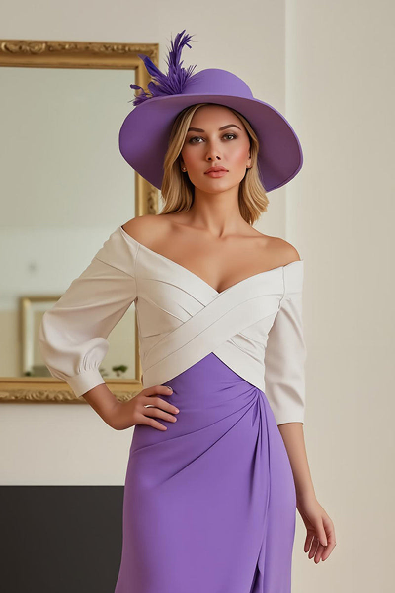 Load image into Gallery viewer, Purple Chiffon Sheath Off The Shoulder Asymmetrical Wedding Guest Dress with Sleeves