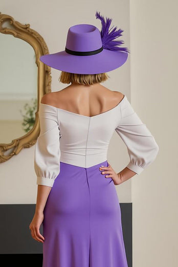 Purple Chiffon Sheath Off The Shoulder Asymmetrical Wedding Guest Dress with Sleeves