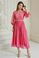 Load image into Gallery viewer, Hot Pink A Line Chiffon Pleated Long Wedding Guest Dress with Sleeves