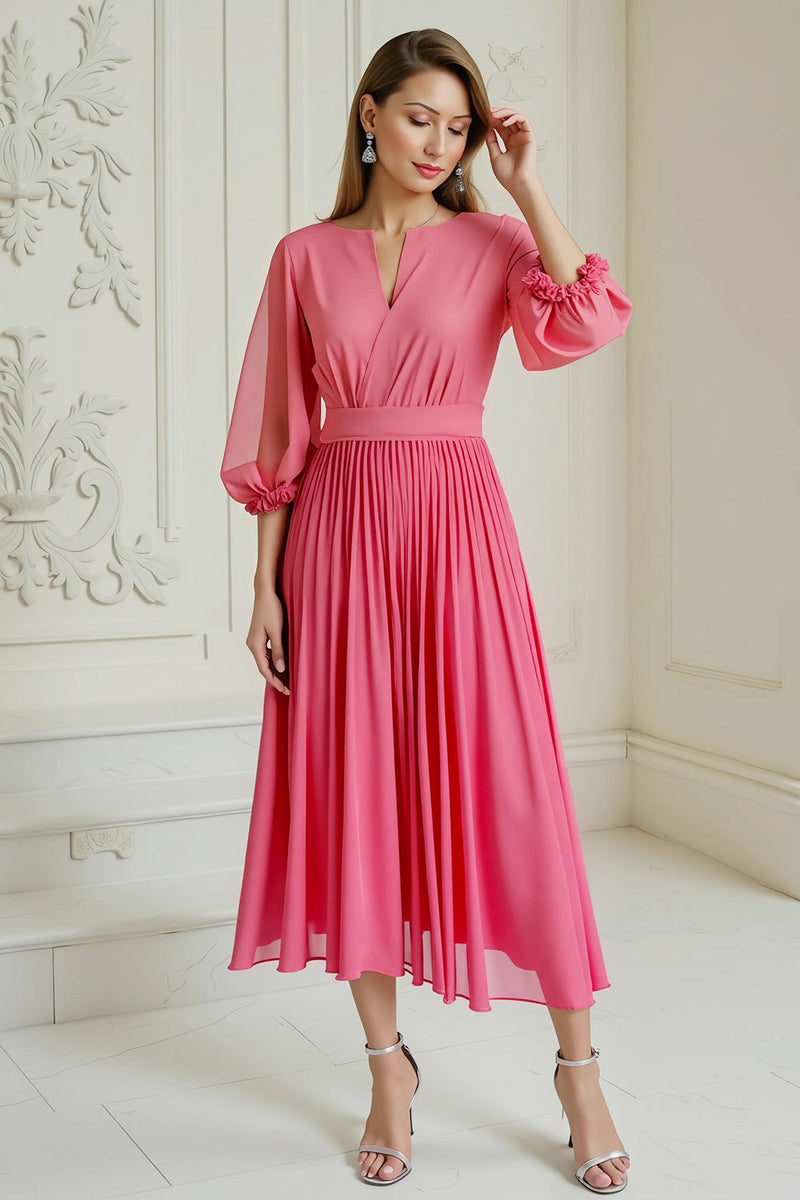 Load image into Gallery viewer, Hot Pink A Line Chiffon Pleated Long Wedding Guest Dress with Sleeves