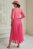 Load image into Gallery viewer, Hot Pink A Line Chiffon Pleated Long Wedding Guest Dress with Sleeves